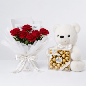 6pcs red rose bouquet 30cm white teddy and ferrero rocher chocolate box.