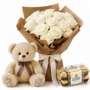White teddy and White Roses Bouquet with Ferrero chocolate box