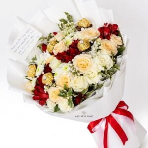 Mix flowers with 5pcs ferrero chocolate and msg card