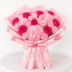 10pcs pink and 10pcs dark pink and 5pcs hydrangea also 10pcs pink cornetion bouquet for baby girl