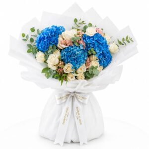 Baby boy bouquet 3pcs blue hydrangea 15pcs white roses with accessories