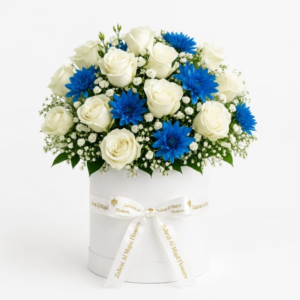 20pcs white roses with blue spray chrysanthemum and accessories for baby boy