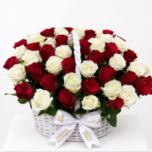 101 red and white roses basket