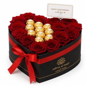 Red rose 16to18 pcs with 10 pcs ferrero chocolate with heart box