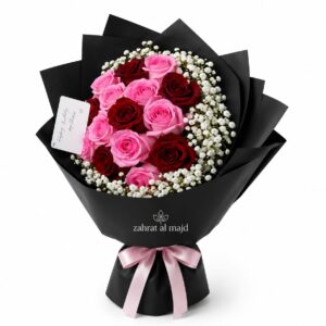 Pink and red roses 15 pcs with baby breath