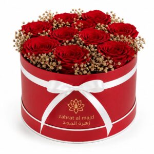 10pcs red rose with gold spray baby breath