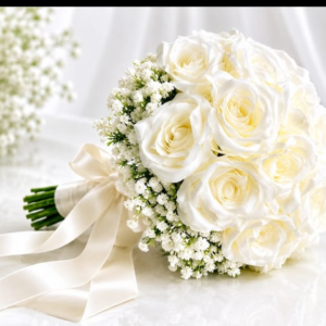 White roses with baby breath bride bouquet
