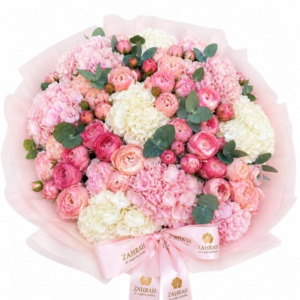 Bouquet of 10pcs pink and white hydrangea with 10pcs juliat roses with eucalyptus accessories