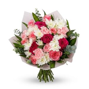 Mix colors of roses and chrysanthemum white and accessories