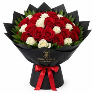 Red and white 30 pcs bouquet with accessories