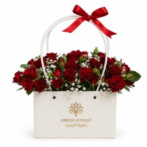 Red spray roses and baby breath inside the bag