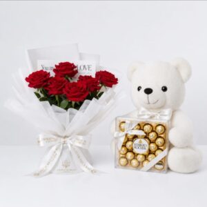 6pcs red roses bouquet with 24pcs ferrero rocher with teddy bear