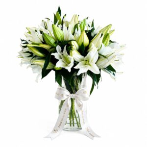 20 stems of white Lilly inside the vase for center piece
