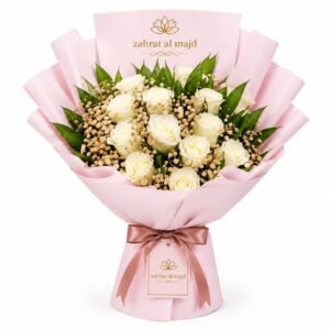 15pcs white roses with gold color baby breath