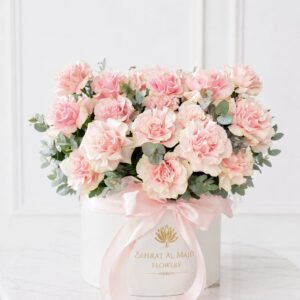 39 pcs light pink roses with eucalyptus inside the box