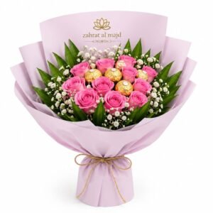 10pcs pink rose with accessories and 5pcs ferrero chocolate