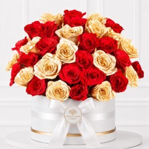 50pcs red and spray gold color roses inside the round box